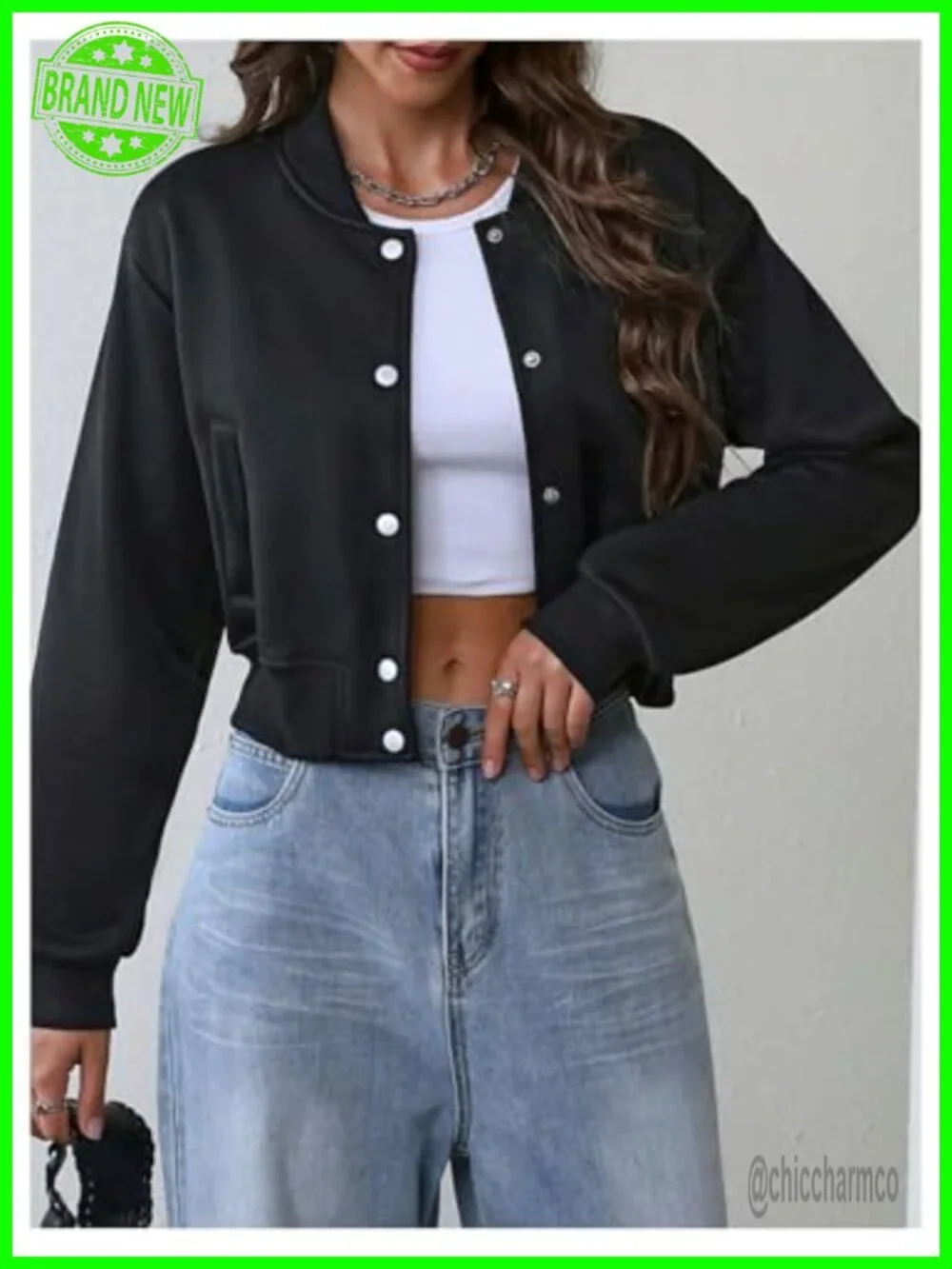 Women's Cropped Varsity Bomber Jacket Button Down Long Sleeve Streetwear